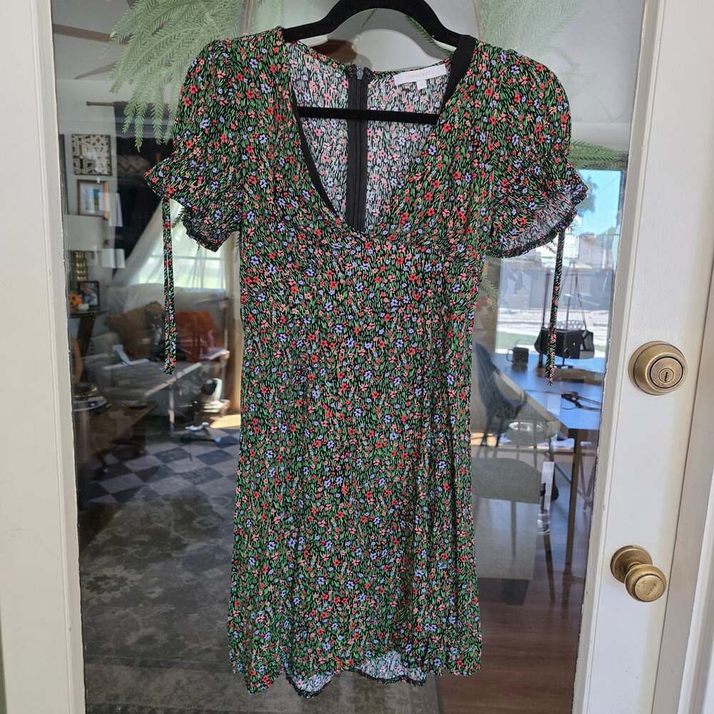 Olivaceous Floral Mini Dress Size S Black V-Neck Puff Sleeve